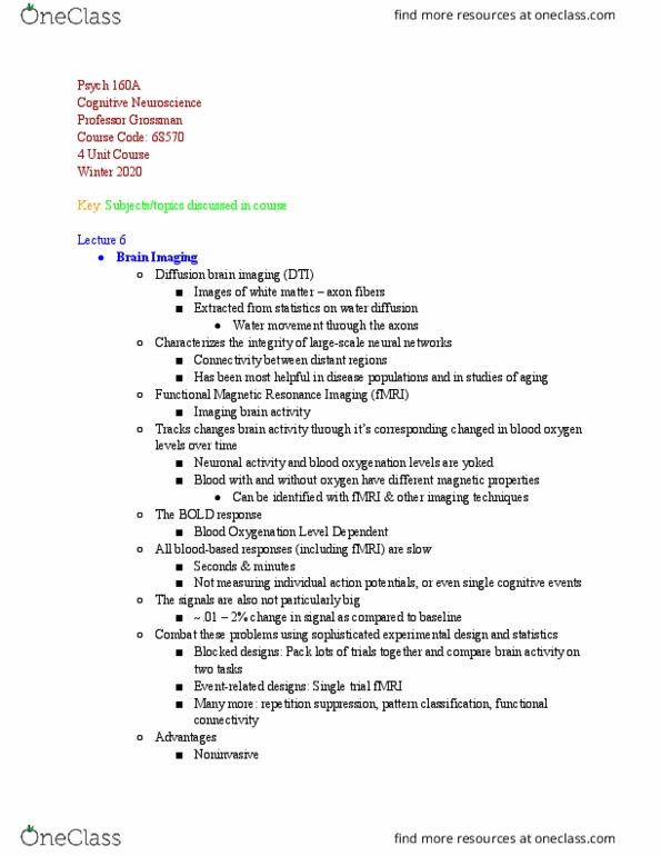 PSYCH 160A Lecture Notes - Lecture 6: Functional Magnetic Resonance Imaging, Pulse Oximetry, White Matter thumbnail