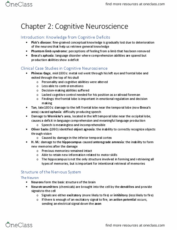 PSYC 3350 Chapter Notes - Chapter 2: Inferior Temporal Gyrus, Phineas Gage, Frontal Lobe thumbnail