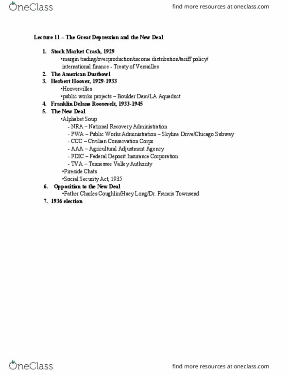 HIST-251 Lecture Notes - Lecture 11: Federal Deposit Insurance Corporation, Franklin D. Roosevelt, National Recovery Administration thumbnail