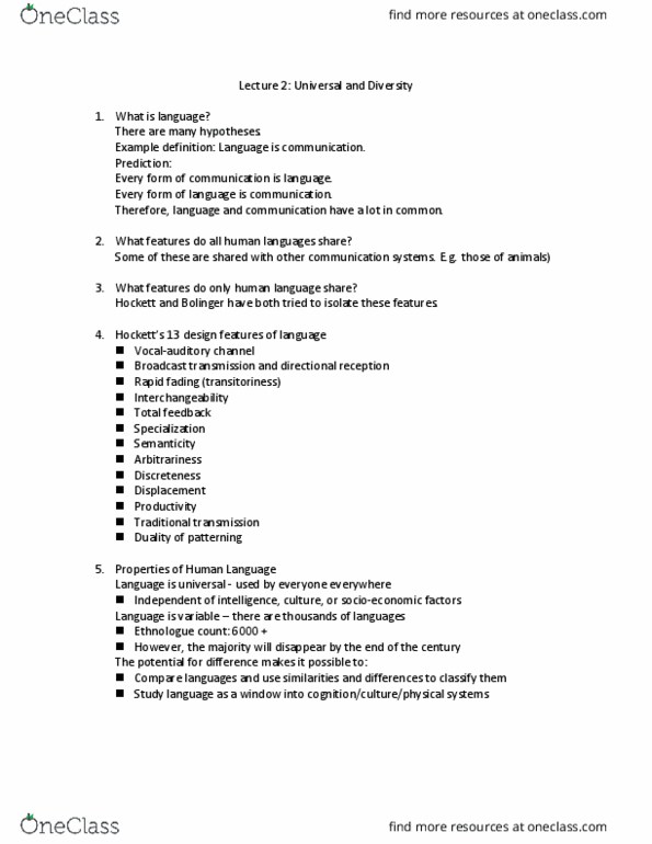 LING 100 Lecture Notes - Lecture 2: Ethnologue, Arbitrariness thumbnail