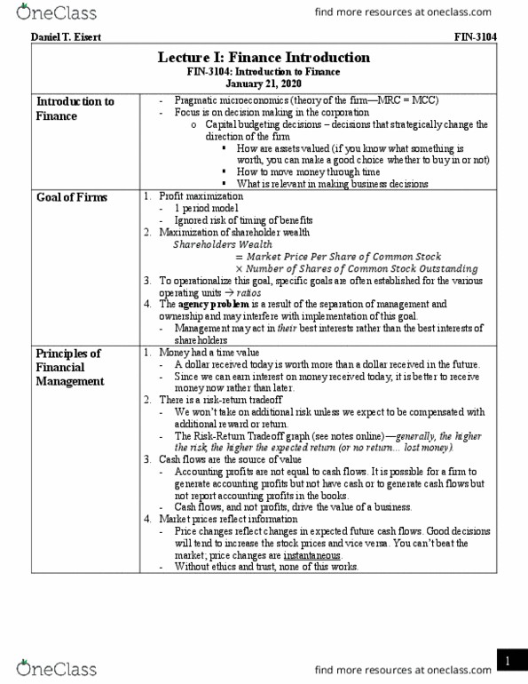 FIN 3104 Lecture Notes - Lecture 1: Profit Maximization, Capital Budgeting, Microeconomics thumbnail