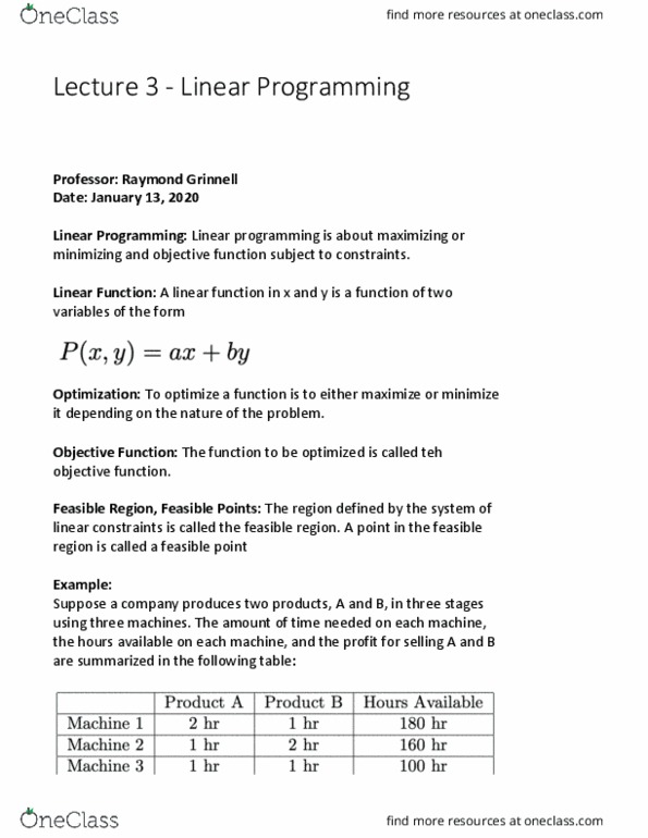 MATA33H3 Lecture Notes - Lecture 3: Linear Programming, Feasible Region, Bounded Set thumbnail
