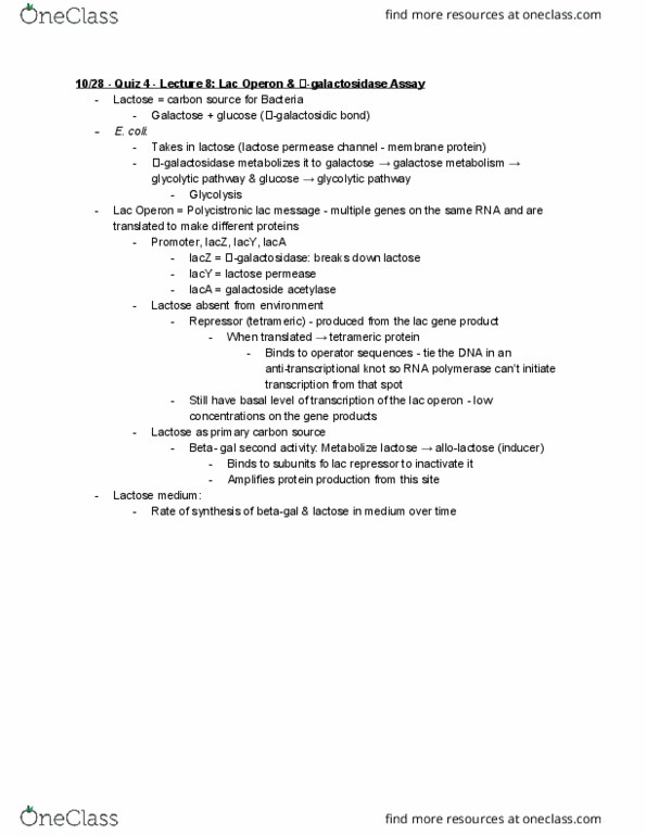BIO 226L Lecture Notes - Lecture 8: Lactose Permease, Lac Repressor, Tetrameric Protein thumbnail