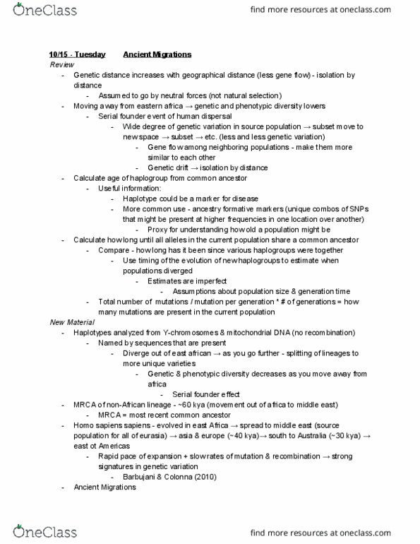 BIO 346 Lecture Notes - Lecture 13: Genetic Drift, Founder Effect, Genetic Distance thumbnail