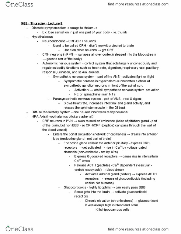 NEU 365T Lecture Notes - Lecture 8: Sympathetic Nervous System, Parasympathetic Nervous System, Anterior Pituitary thumbnail