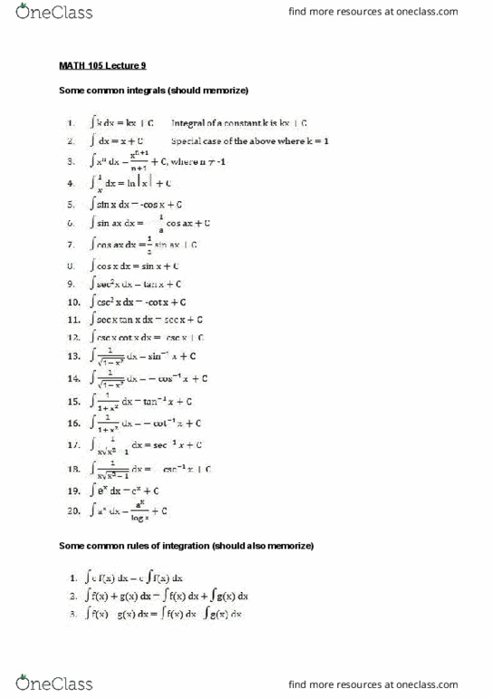 MATH 105 Lecture Notes - Lecture 9: Antiderivative cover image