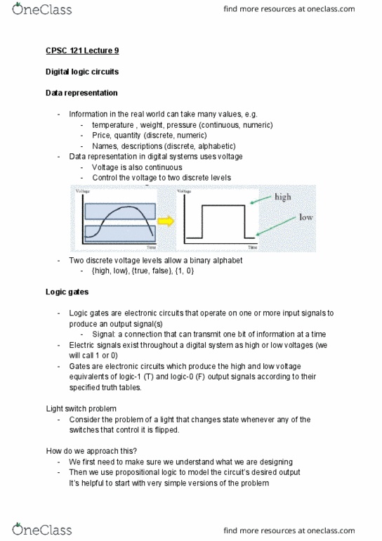 CPSC 121 Lecture Notes - Lecture 9: Logic Gate, Propositional Calculus, Light Switch cover image
