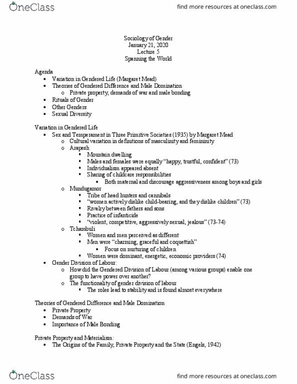 SOCIOL 2HH3 Lecture Notes - Lecture 5: Margaret Mead, Male Bonding, Arapesh Languages thumbnail