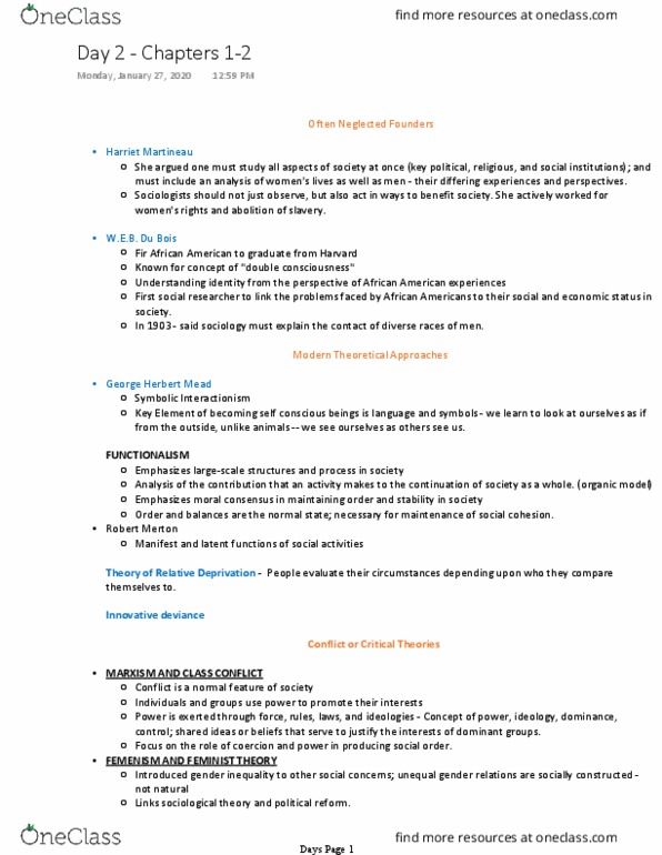SOC 101 Lecture Notes - Lecture 2: George Herbert Mead, Harriet Martineau, Symbolic Interactionism thumbnail