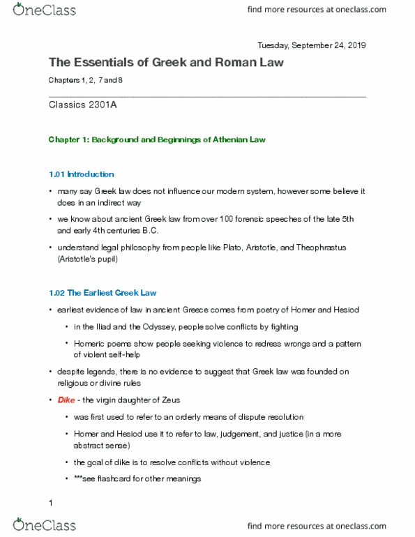 Classical Studies 2301A/B Chapter Notes - Chapter 1-8: Ancient Greek Law, Theophrastus, Roman Law thumbnail
