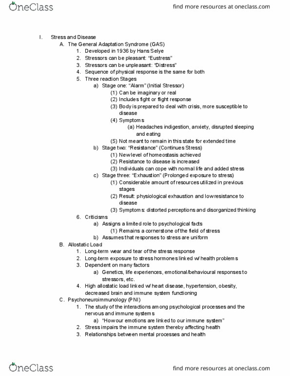 Health Sciences 1001A/B Lecture Notes - Lecture 7: Allostatic Load, Hans Selye, Psychoneuroimmunology thumbnail