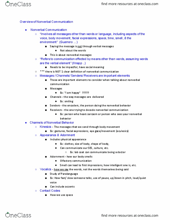 CMN 122 Lecture Notes - Lecture 1: Nonverbal Communication, Paralanguage, Kinesics thumbnail