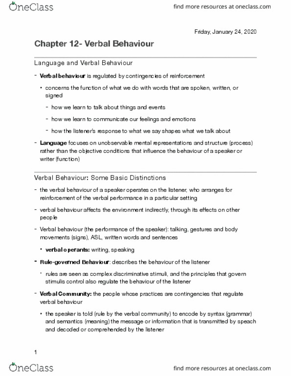 BST2021 Chapter Notes - Chapter 4: Verbal Behavior, Stimulus Control, Reinforcement thumbnail