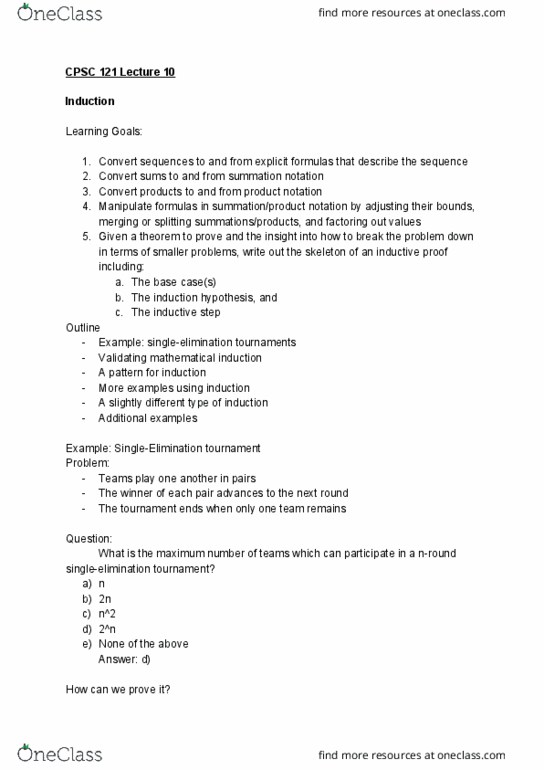 CPSC 121 Lecture Notes - Lecture 10: Notation3, Mathematical Induction cover image