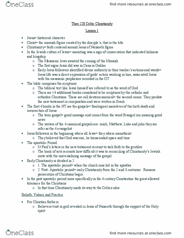 THEO 228 Lecture Notes - Lecture 1: Messianic Judaism, Celtic Christianity, Holy Spirit thumbnail