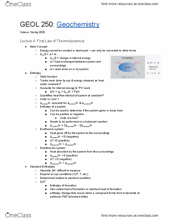 GEOL 250 Lecture Notes - Lecture 4: State Function, Exothermic Process, Thermodynamics thumbnail