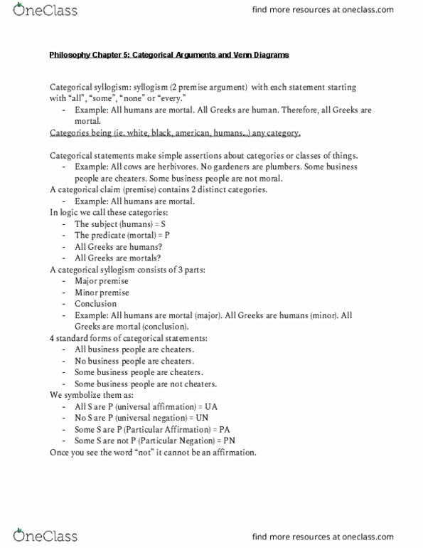 PHI 1101 Lecture Notes - Lecture 5: Syllogism thumbnail