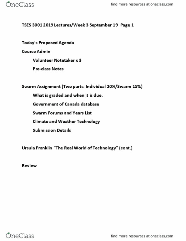 TSES 3001 Lecture Notes - Lecture 5: Ursula Franklin, Tses, Massey Lectures thumbnail