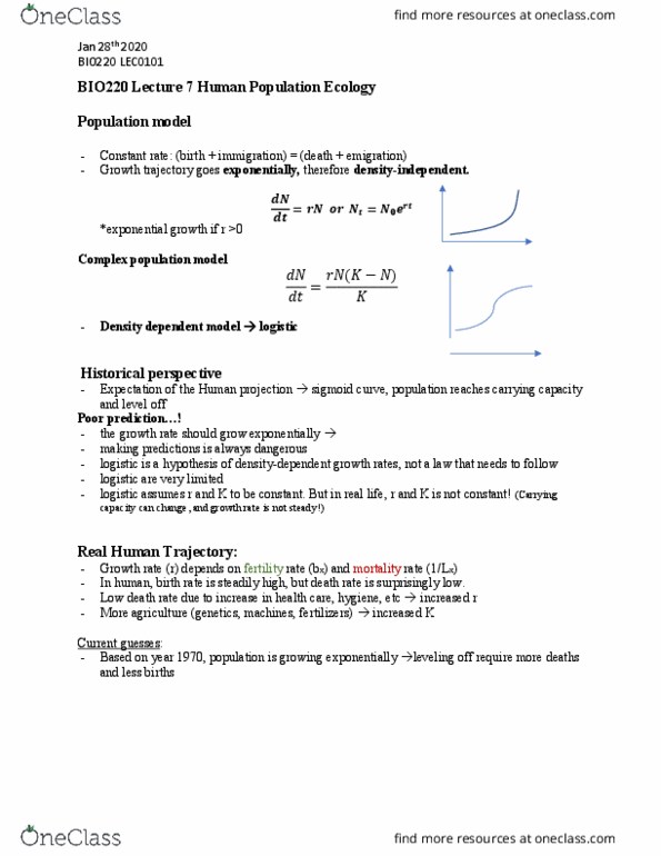 BIO220H1 Lecture Notes - Lecture 7: Sigmoid Function, Exponential Growth, Population Model thumbnail