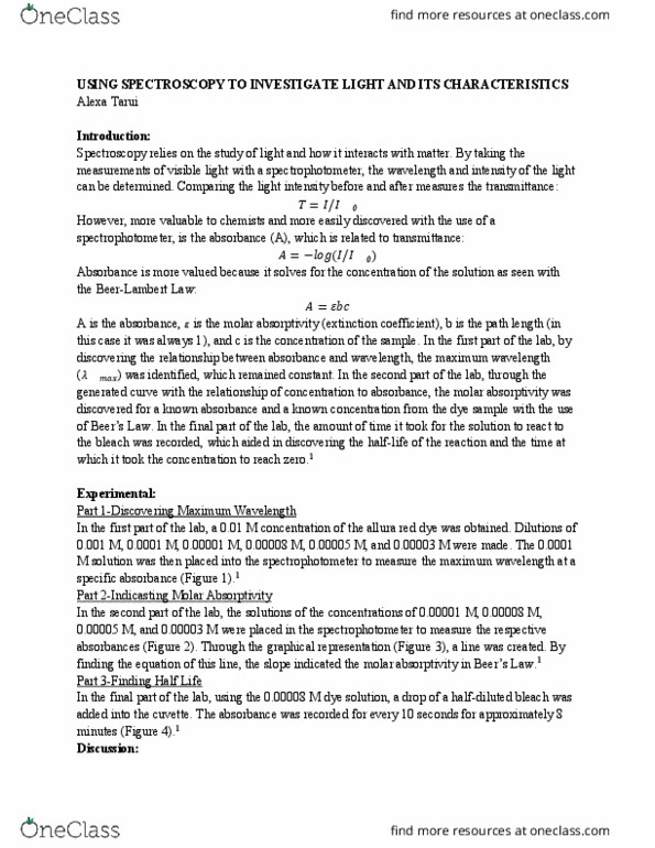 CHEM 130 Lecture Notes - Lecture 7: Molar Attenuation Coefficient, Spectrophotometry, Cuvette thumbnail