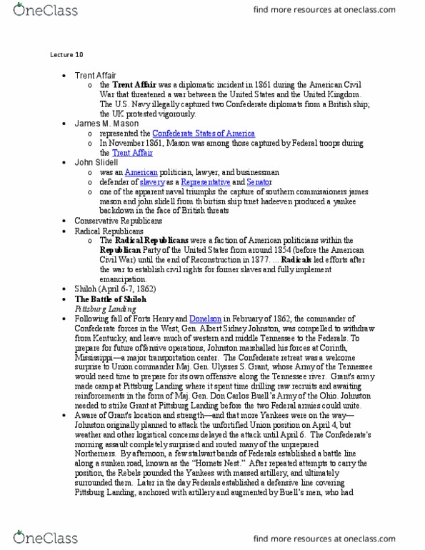 HST 501 Lecture Notes - Lecture 10: John Slidell, Trent Affair, Yankee thumbnail