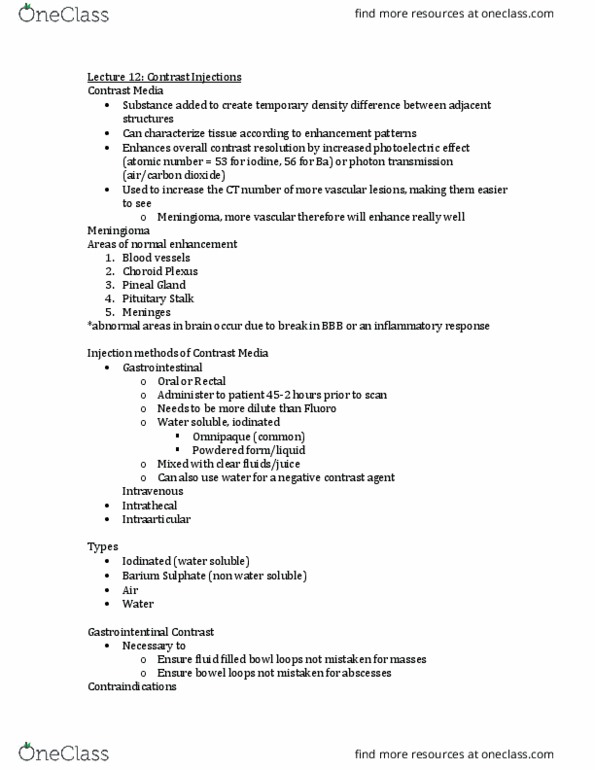 MEDRADSC 3K03 Lecture Notes - Lecture 12: Iohexol, Meningioma, Barium thumbnail