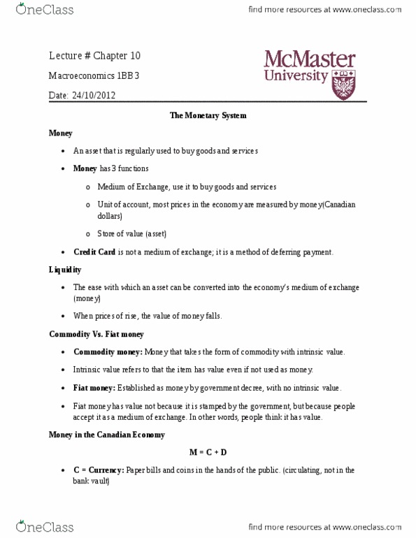 ECON 1BB3 Lecture Notes - Fractional-Reserve Banking, Debit Card, Commodity Money thumbnail