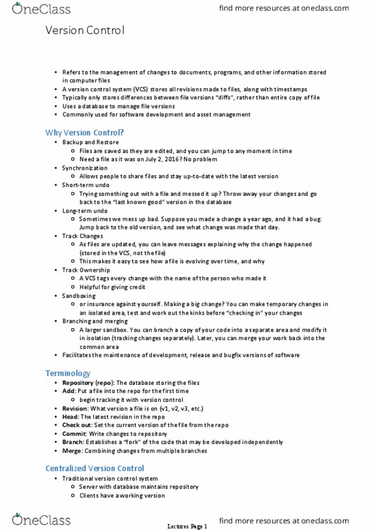 Mechatronic Systems Engineering 2202A/B Lecture Notes - Lecture 10: Version Control, Uptodate, Microsoft Visual Sourcesafe thumbnail