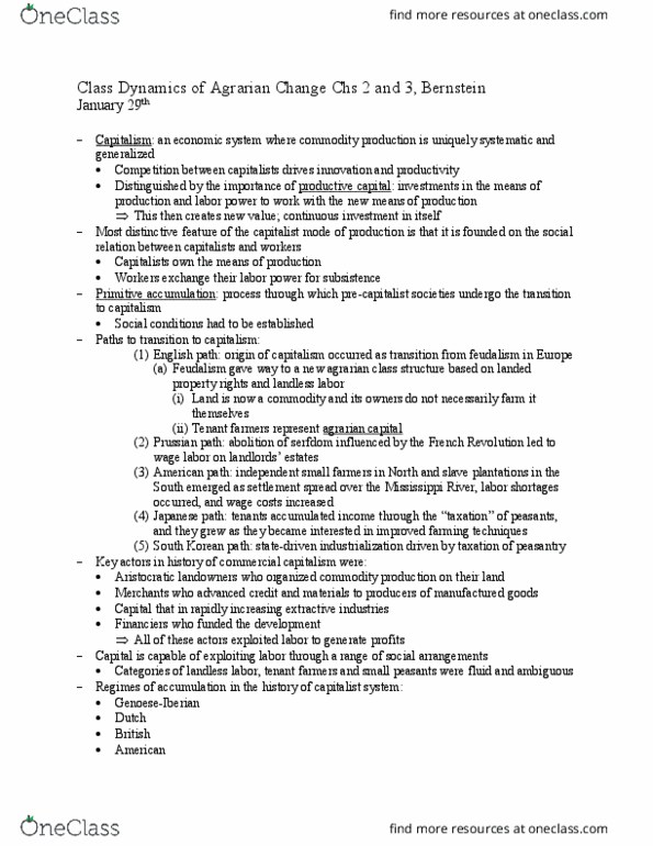 POLS 196 Chapter Notes - Chapter 2 and 3: Class Dynamics of Agrarian Change : Wage Labour, Labour Power, Primitive Accumulation Of Capital thumbnail