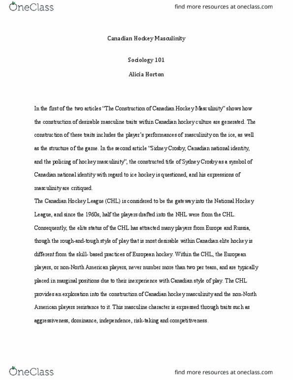 SOC 101 Lecture Notes - Lecture 1: Sidney Crosby, Masculinity, Pittsburgh Penguins thumbnail