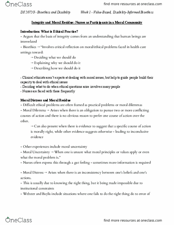 Disability Studies 2072F/G Chapter Notes - Chapter 1: Ethics, Bioethics, Critical Thinking thumbnail
