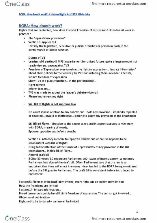 LAWS110 Lecture Notes - Lecture 1: Human Rights Act 1993, United Future, Implied Repeal thumbnail