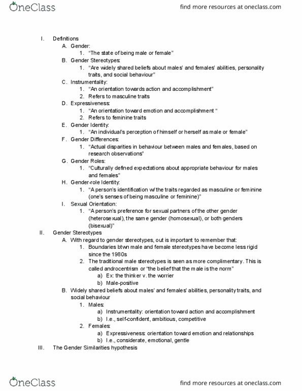 Psychology 2035A/B Lecture Notes - Lecture 6: Androcentrism, Spatial Ability, Small-C thumbnail