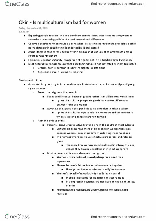 Political Science 4203F/G Chapter Notes - Chapter Okin: Individual And Group Rights, Minority Rights, Special Rights thumbnail