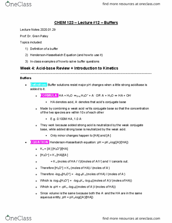 CHEM 123 Lecture Notes - Lecture 12: Buffer Solution, Conjugate Acid, Benzoic Acid cover image