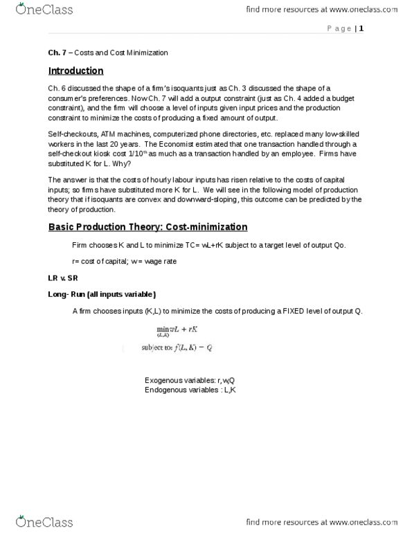 Economics 2150A/B Lecture Notes - Isocost, Sunk Costs, Isoquant thumbnail