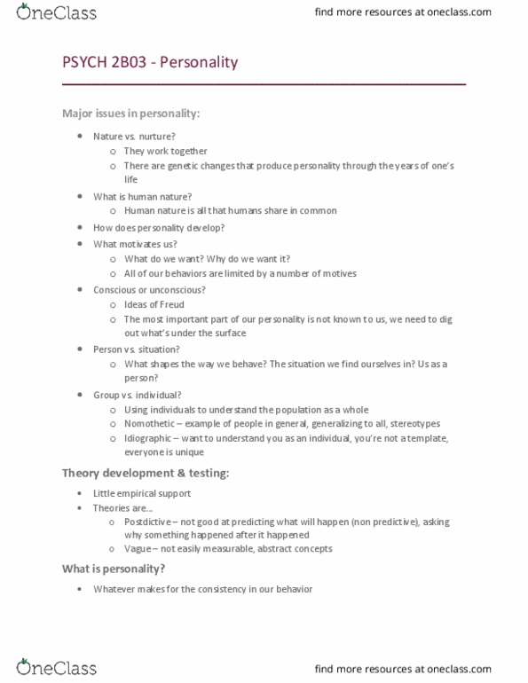 PSYCH 2B03 Lecture Notes - Lecture 1: Nomothetic, Human Nature, Phlegm thumbnail