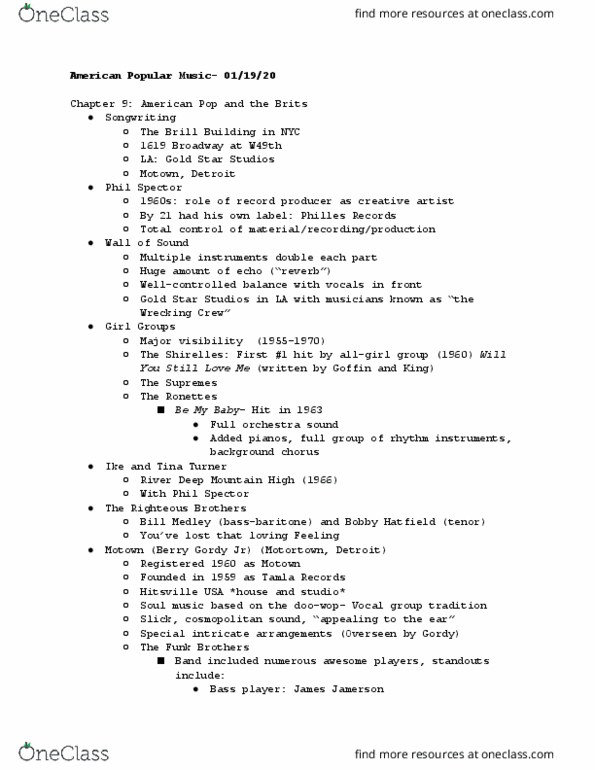 MU220 Lecture Notes - Lecture 6: The Funk Brothers, Berry Gordy, Bobby Hatfield thumbnail