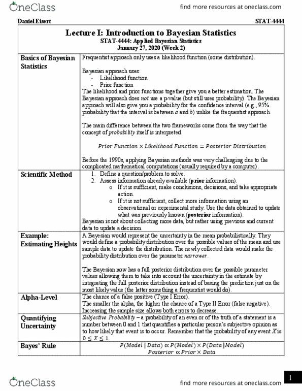 STAT 4444 Lecture Notes - Lecture 1: Posterior Probability, Likelihood Function, Bayes Estimator thumbnail