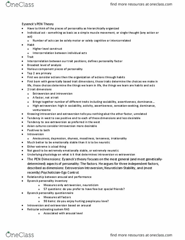 PSYCH 2B03 Lecture Notes - Lecture 7: Eysenck Personality Questionnaire, Reticular Formation, Extraversion And Introversion thumbnail