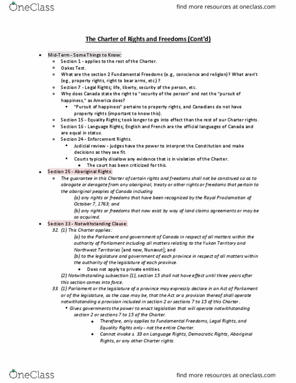 POLB50Y3 Lecture Notes - Lecture 14: Section 33 Of The Canadian Charter Of Rights And Freedoms, Neurodegeneration, Civil Marriage thumbnail