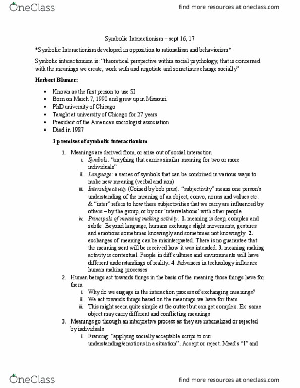 SOCPSY 2YY3 Lecture Notes - Lecture 3: Symbolic Interactionism, Herbert Blumer, Intersubjectivity thumbnail