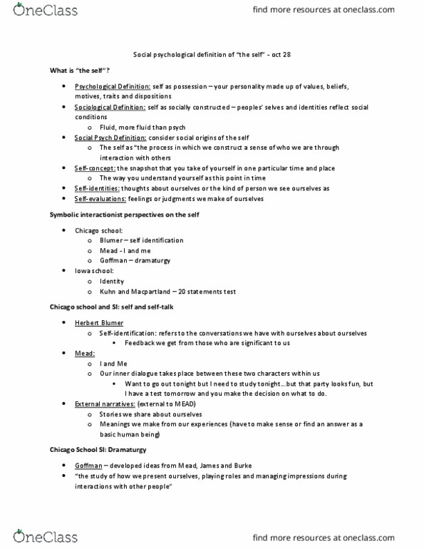 SOCPSY 2YY3 Lecture Notes - Lecture 8: Herbert Blumer, Erving Goffman, Impression Management thumbnail