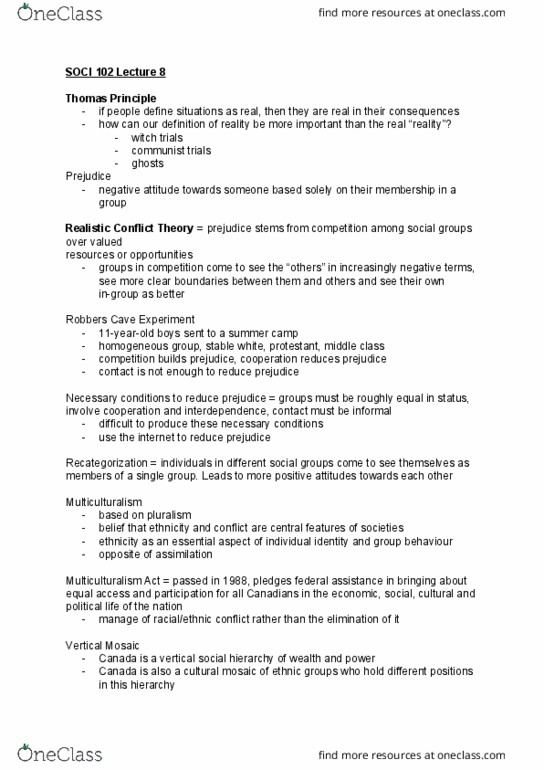 SOCI 102 Lecture Notes - Lecture 8: Realistic Conflict Theory, Ingroups And Outgroups, Protestantism thumbnail