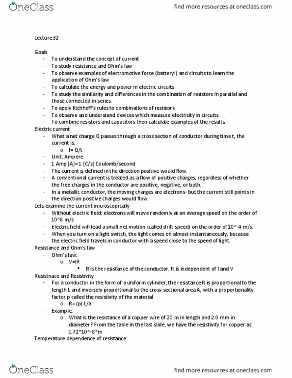 PHY 2020 Lecture Notes - Lecture 32: Electromotive Force, Drift Velocity, Electric Current thumbnail