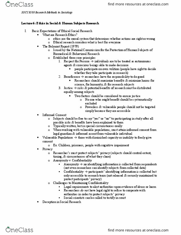 SOCI 3580 Lecture Notes - Lecture 6: Belmont Report, Diminished Responsibility, Informed Consent thumbnail