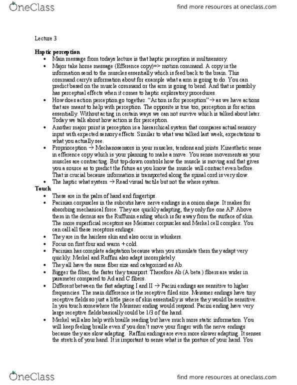 NROC64H3 Lecture Notes - Lecture 3: Lamellar Corpuscle, Efference Copy, Bulbous Corpuscle thumbnail