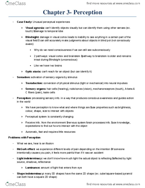 PSYCO258 Chapter Notes - Chapter 3: Temporal Lobe, Optic Chiasm, Parietal Lobe thumbnail