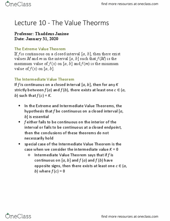 MAT137Y1 Lecture Notes - Lecture 12: Intermediate Value Theorem thumbnail