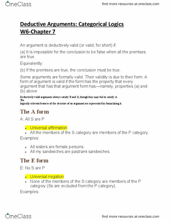 PHL 214 Lecture Notes - Lecture 6: Pastrami, Categorical Logic, Logical Form thumbnail